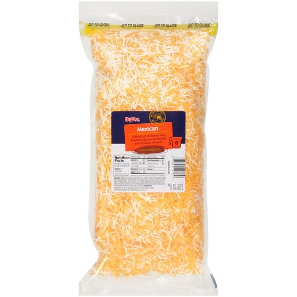 slide 1 of 1, Hy-vee Mexican A Blend Of Monterey Jack, Cheddar, Queso Quesadilla, And Asadero Finely Shredded Cheese, 32 oz