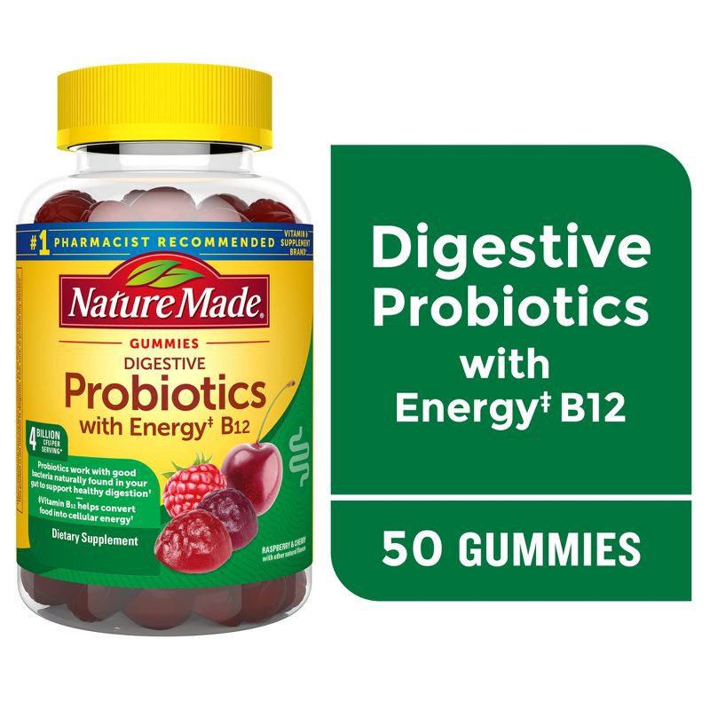 slide 3 of 9, Nature Made Digestive Probiotics 4 Billion CFU per serving + Energy B12 Gummies - Raspberry & Cherry - 50ct, 50 ct