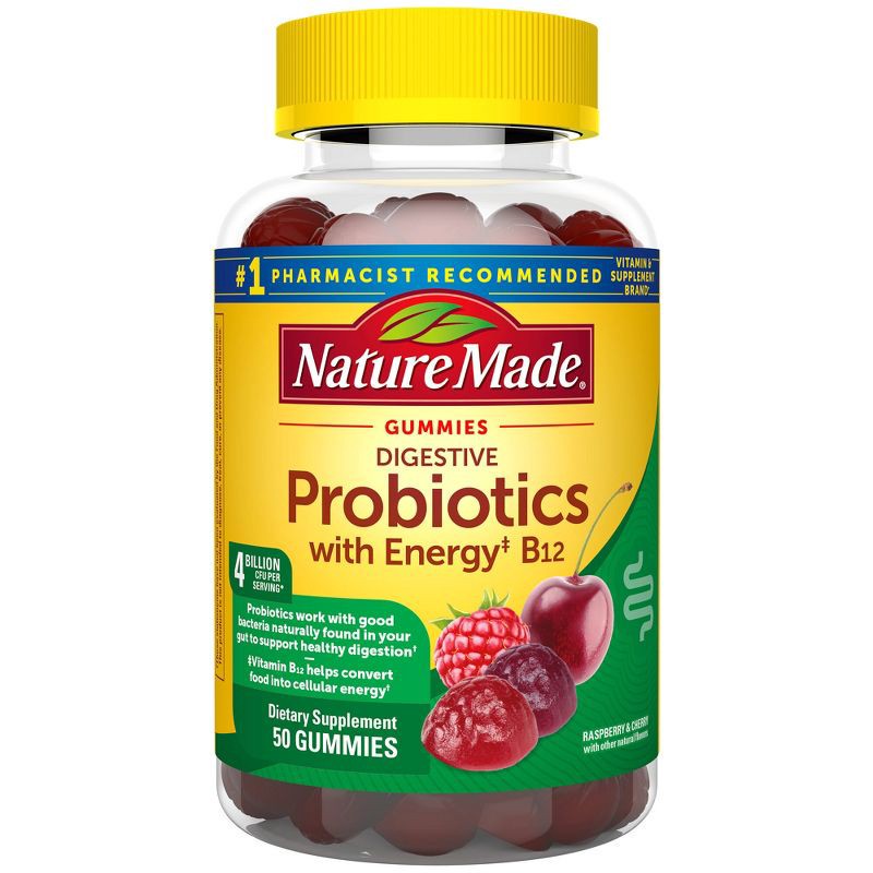 slide 1 of 9, Nature Made Digestive Probiotics 4 Billion CFU per serving + Energy B12 Gummies - Raspberry & Cherry - 50ct, 50 ct