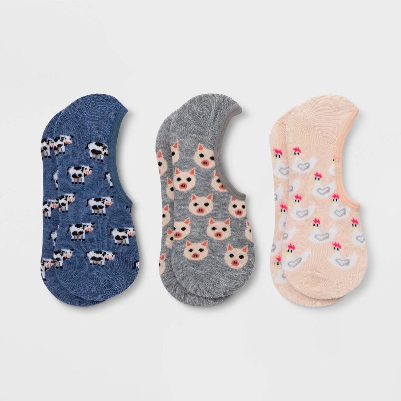 slide 1 of 2, Women's Farm Barn 3pk Liner Socks - Blue/Gray/Pink 4-10: Hidden Gel Heel Grip, Midweight Knit, Classic Jacquard Pattern, 3 ct