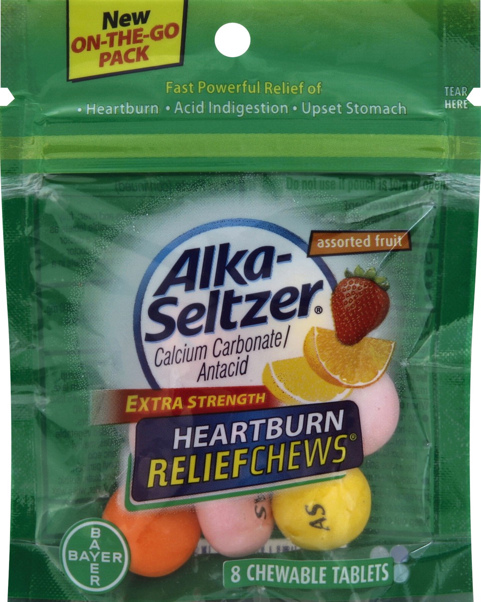 slide 2 of 2, Alka-Seltzer ReliefChews Assorted Fruit Extra Strength Heartburn Chewable Tablets 8 ea, 8 ct