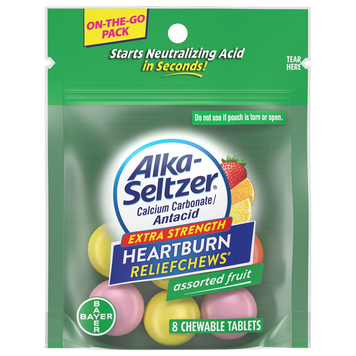 slide 1 of 2, Alka-Seltzer ReliefChews Assorted Fruit Extra Strength Heartburn Chewable Tablets 8 ea, 8 ct