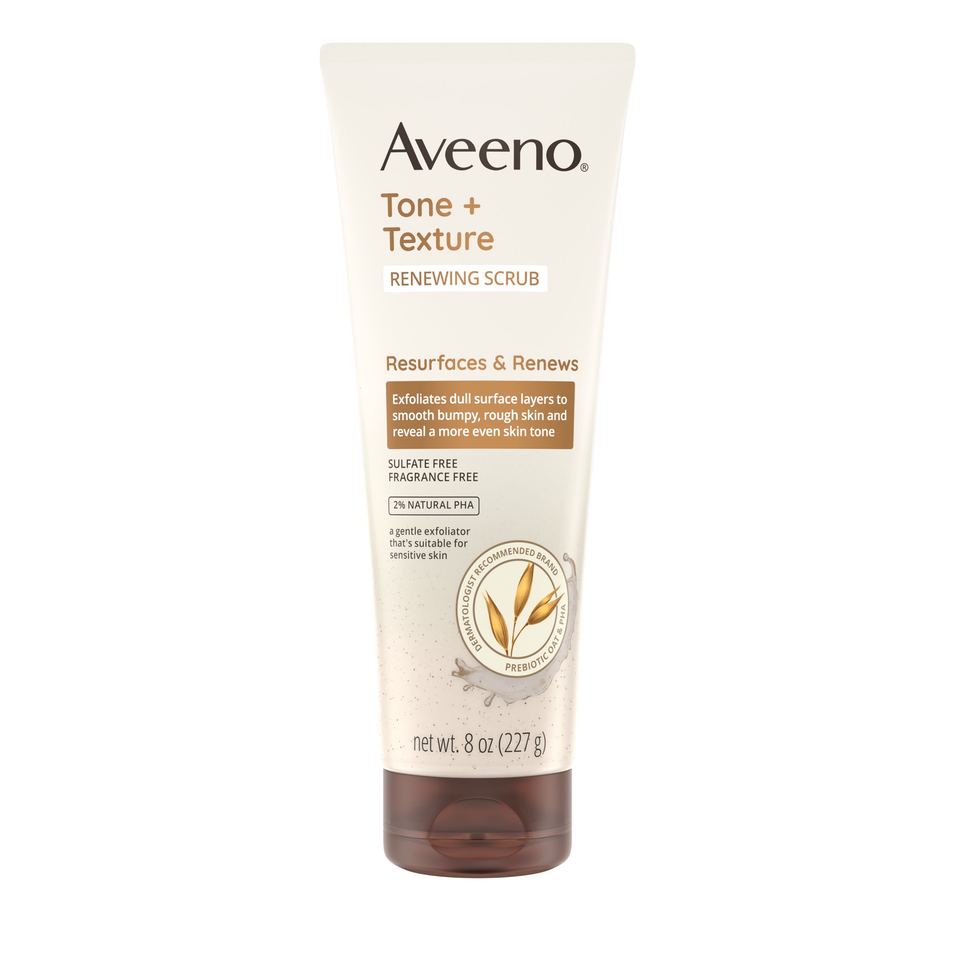 slide 5 of 9, Aveeno Tone + Texture Renewing Body Scrub, Exfoliating Body Wash to Reveal Smoother Skin and a More Even Skin Tone, Prebiotic Oat Formula for Sensitive Skin, Fragrance-Free, 8 oz, 8 fl oz