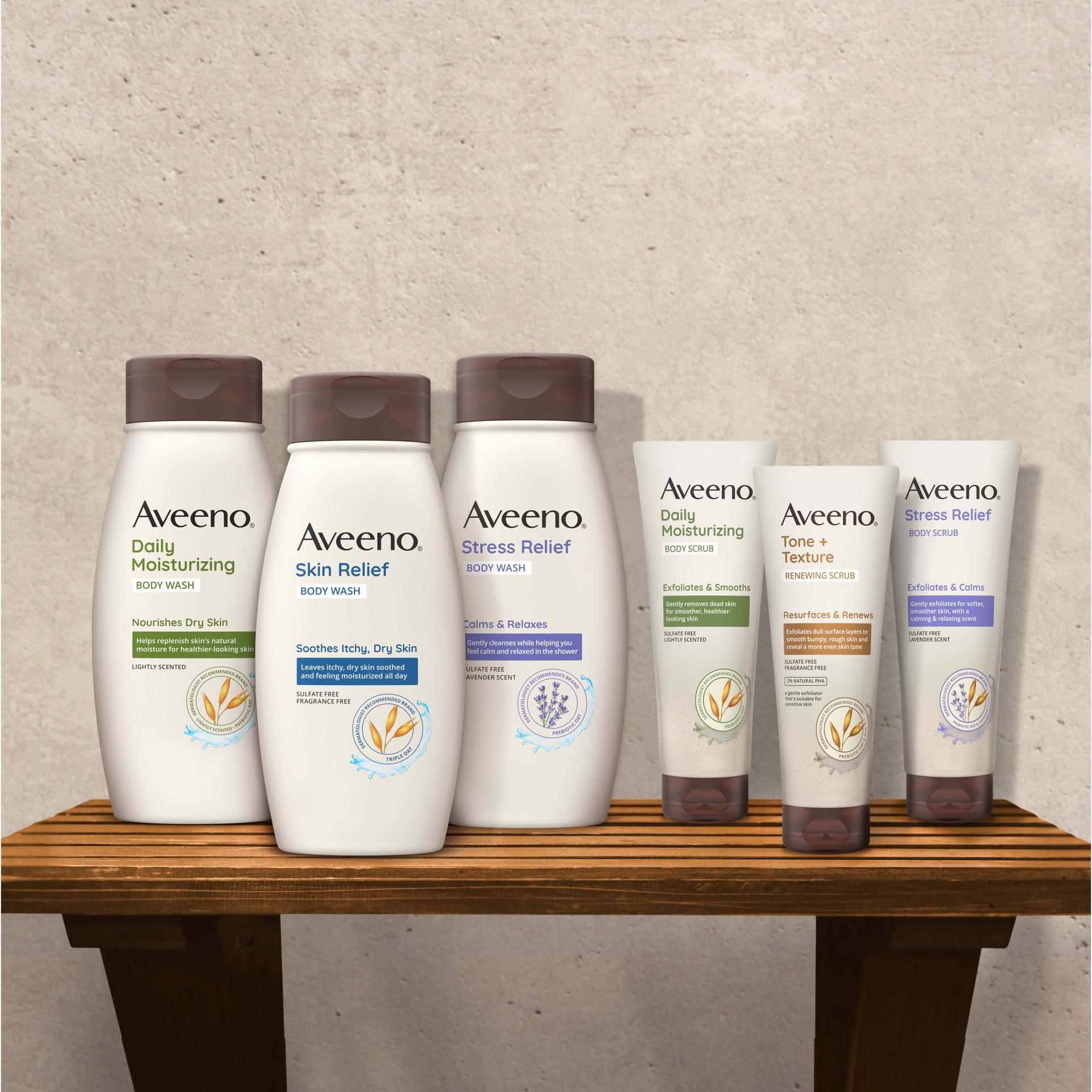 slide 7 of 9, Aveeno Tone + Texture Renewing Body Scrub, Exfoliating Body Wash to Reveal Smoother Skin and a More Even Skin Tone, Prebiotic Oat Formula for Sensitive Skin, Fragrance-Free, 8 oz, 8 fl oz