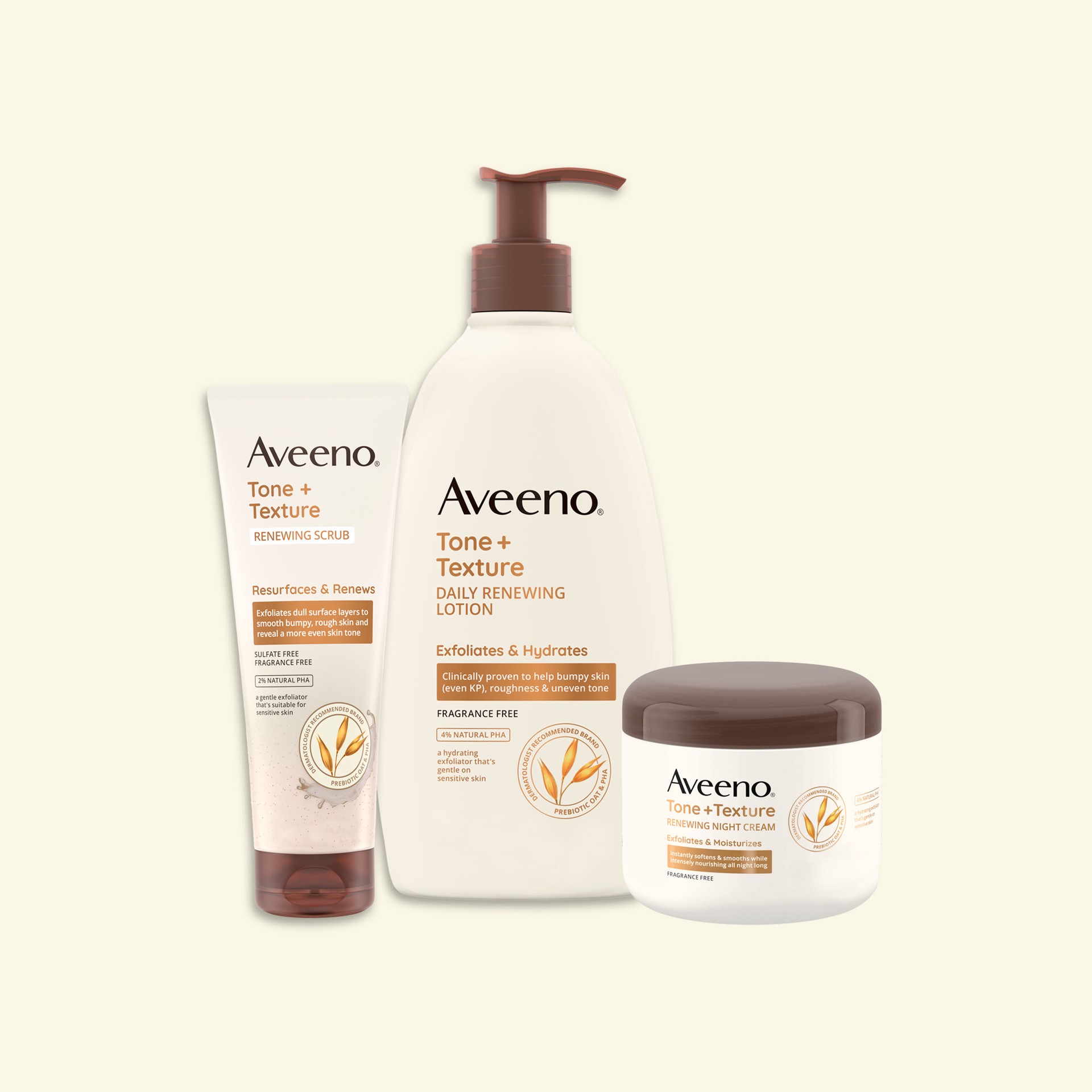 slide 9 of 9, Aveeno Tone + Texture Renewing Body Scrub, Exfoliating Body Wash to Reveal Smoother Skin and a More Even Skin Tone, Prebiotic Oat Formula for Sensitive Skin, Fragrance-Free, 8 oz, 8 fl oz