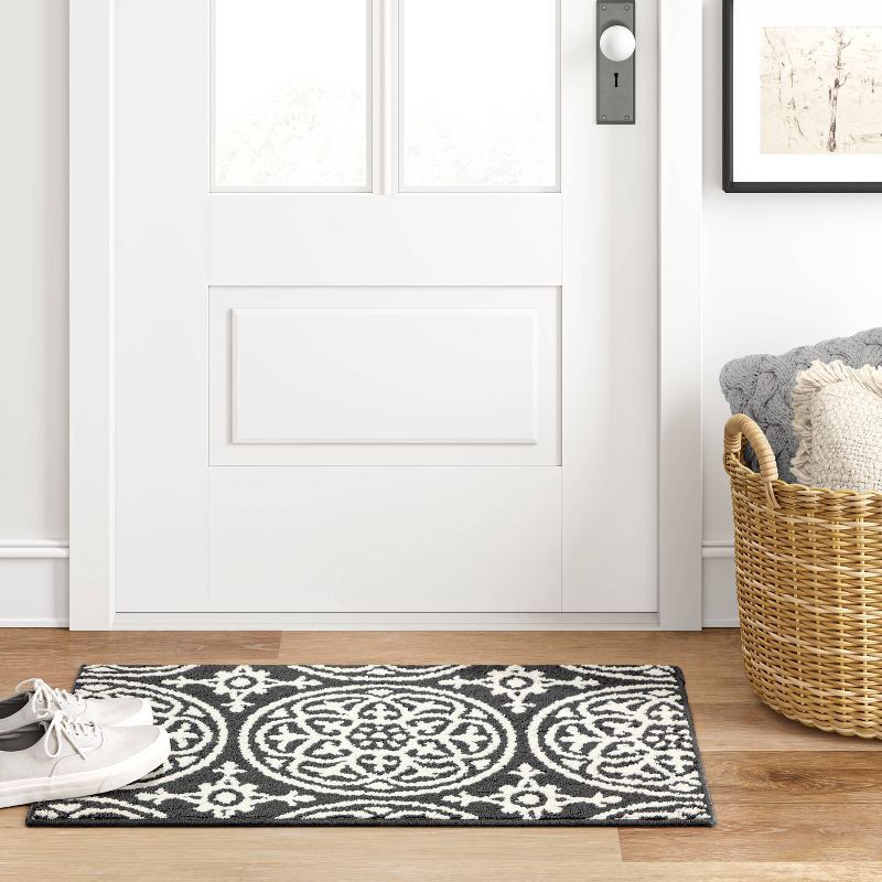 slide 2 of 4, 1'8"x2'10" Washable Medallion Tufted And Hooked Accent Rug Gray - Threshold™, 1 ct