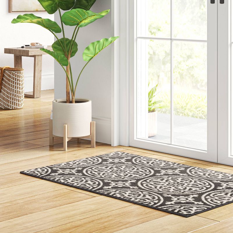 slide 2 of 4, 2'6"x3'10" Washable Medallion Tufted And Hooked Accent Rug Gray - Threshold™: Skid-Resistant, Indoor, Low Pile, 1 ct
