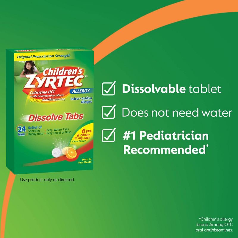 slide 3 of 15, Children's Zyrtec Allergy Relief Cetirizine Dissolving Tablets - Citrus - 24ct, 24 ct