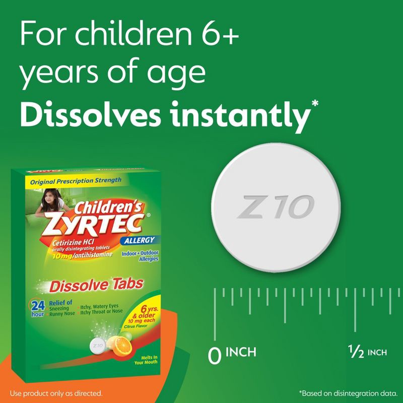 slide 13 of 15, Children's Zyrtec Allergy Relief Cetirizine Dissolving Tablets - Citrus - 24ct, 24 ct