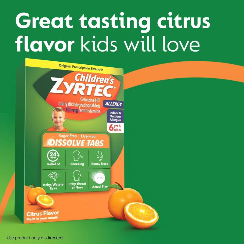 slide 4 of 9, Children's Zyrtec Allergy Relief Cetirizine Dissolving Tablets - Citrus - 24ct, 24 ct