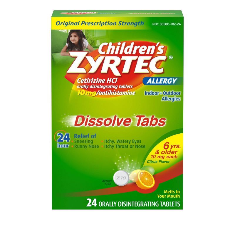 slide 1 of 15, Children's Zyrtec Allergy Relief Cetirizine Dissolving Tablets - Citrus - 24ct, 24 ct