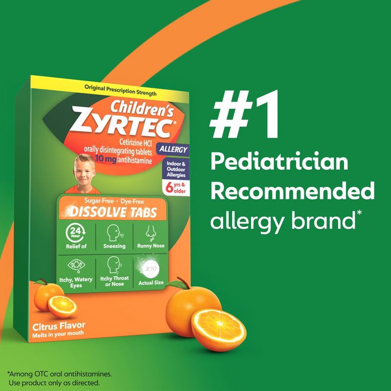slide 6 of 9, Children's Zyrtec Allergy Relief Cetirizine Dissolving Tablets - Citrus - 24ct, 24 ct
