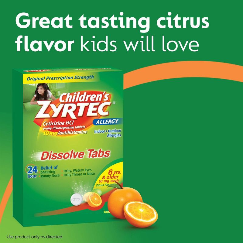 slide 6 of 15, Children's Zyrtec Allergy Relief Cetirizine Dissolving Tablets - Citrus - 24ct, 24 ct