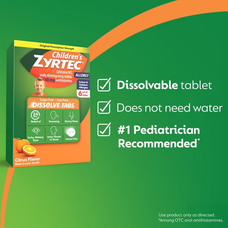 slide 8 of 9, Children's Zyrtec Allergy Relief Cetirizine Dissolving Tablets - Citrus - 24ct, 24 ct