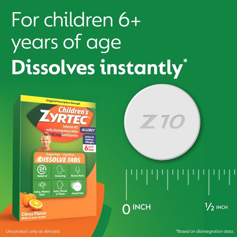 slide 9 of 9, Children's Zyrtec Allergy Relief Cetirizine Dissolving Tablets - Citrus - 24ct, 24 ct