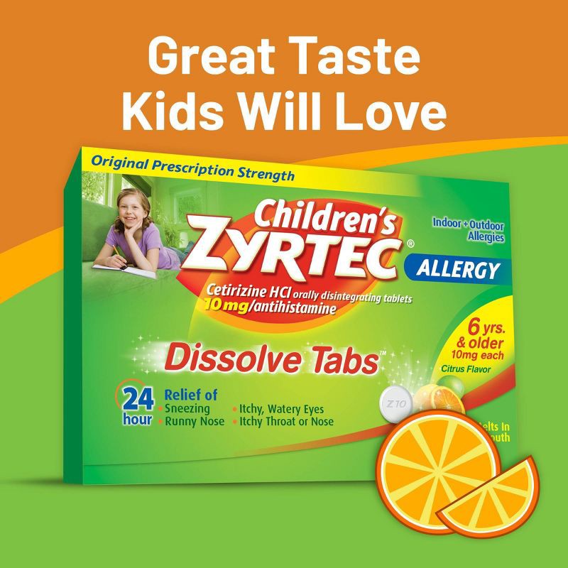 slide 10 of 15, Children's Zyrtec Allergy Relief Cetirizine Dissolving Tablets - Citrus - 24ct, 24 ct