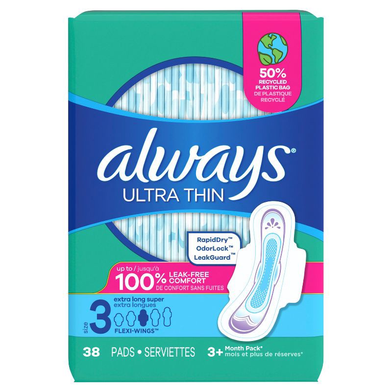 slide 2 of 9, Always Ultra Thin Pads Extra Super Long Absorbency Unscented with Wings - Size 3 - 38ct, 38 ct