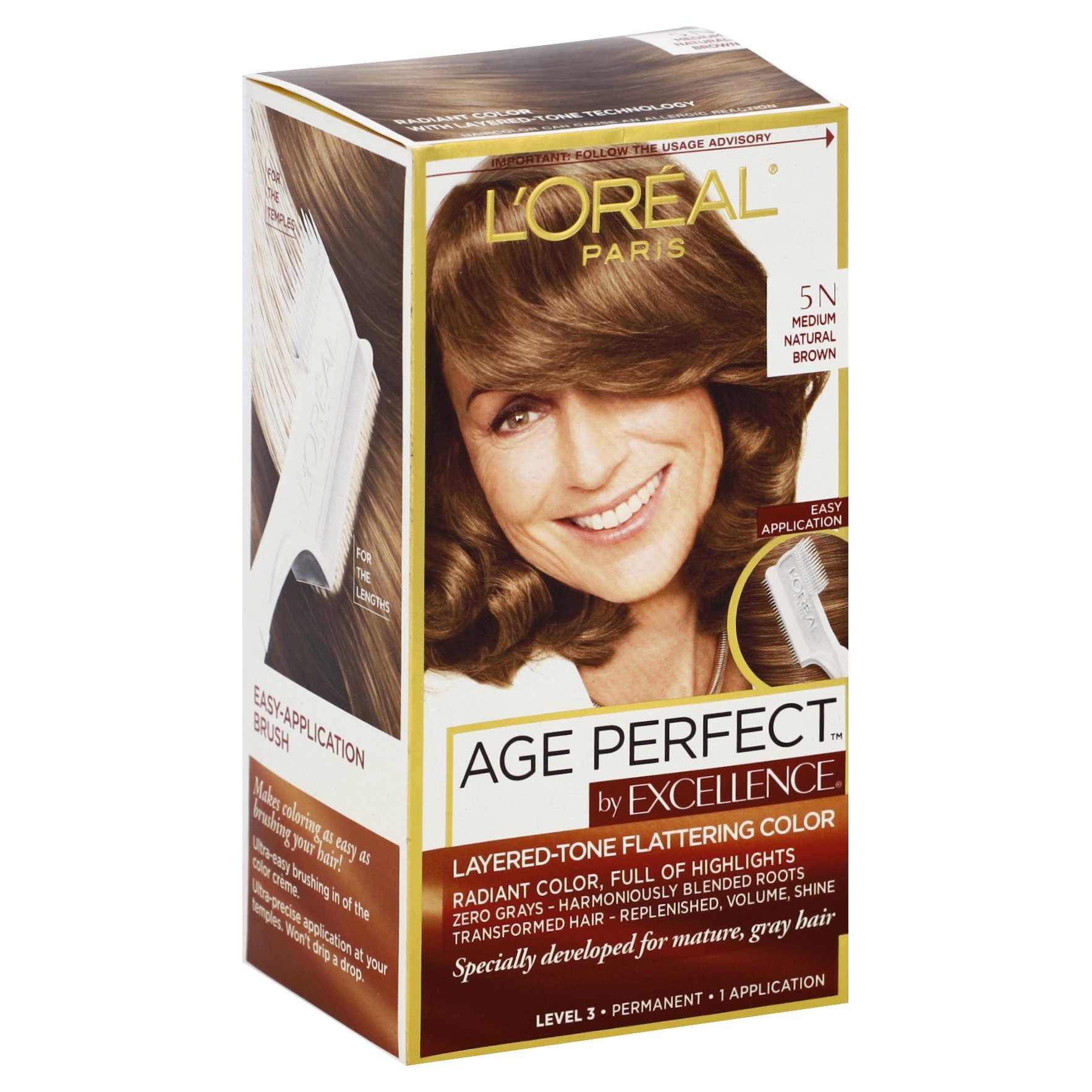 slide 1 of 1, L'Oréal Excellence Age Perfect Layered-Tone Flattering Color - 5N Medium Natural Brown, 6.8 oz