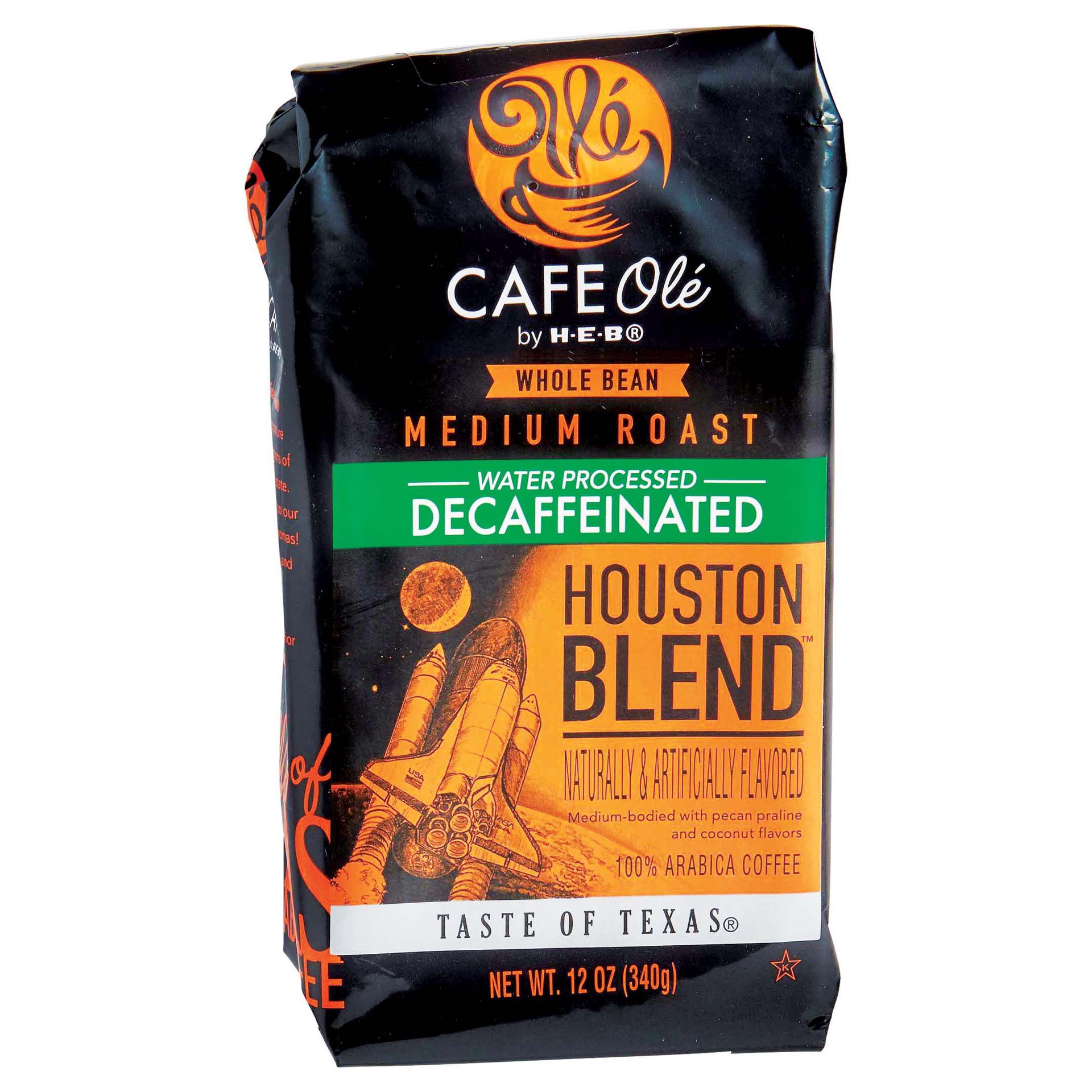 slide 1 of 1, CAFE Olé by H-E-B Whole Bean Medium Roast Decaf Houston Blend Coffee, 12 oz
