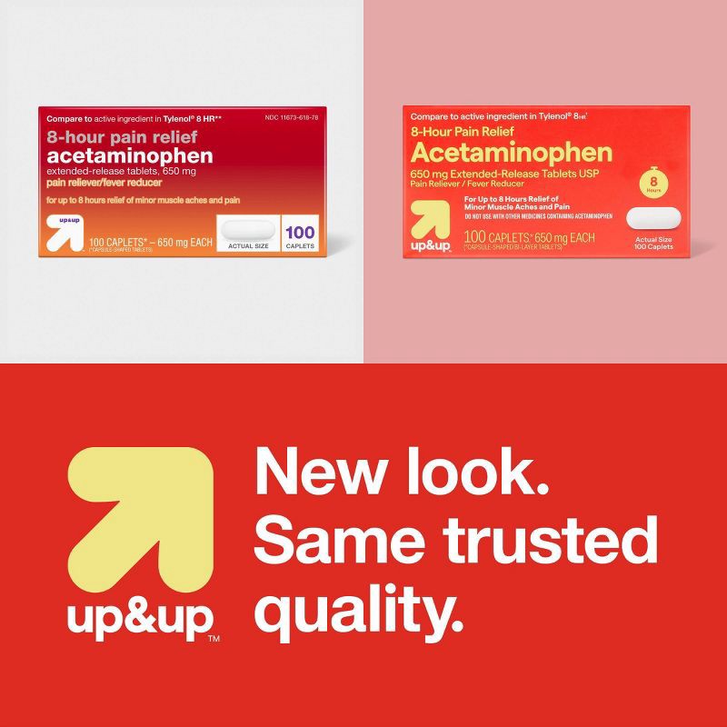 slide 4 of 4, Acetaminophen 8hr Pain Reliever & Fever Reducer Extended Release Caplets - 100ct - up&up™, 100 ct