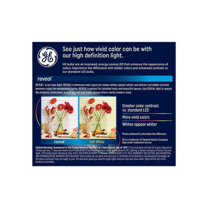 slide 3 of 7, GE Household Lighting GE 2pk 40W Reveal A19 LED Light Bulbs: Dimmable White Light, 40 Watt Equivalent, 350 Lumens, 13.7-Year Life, E26 Base, 2 ct