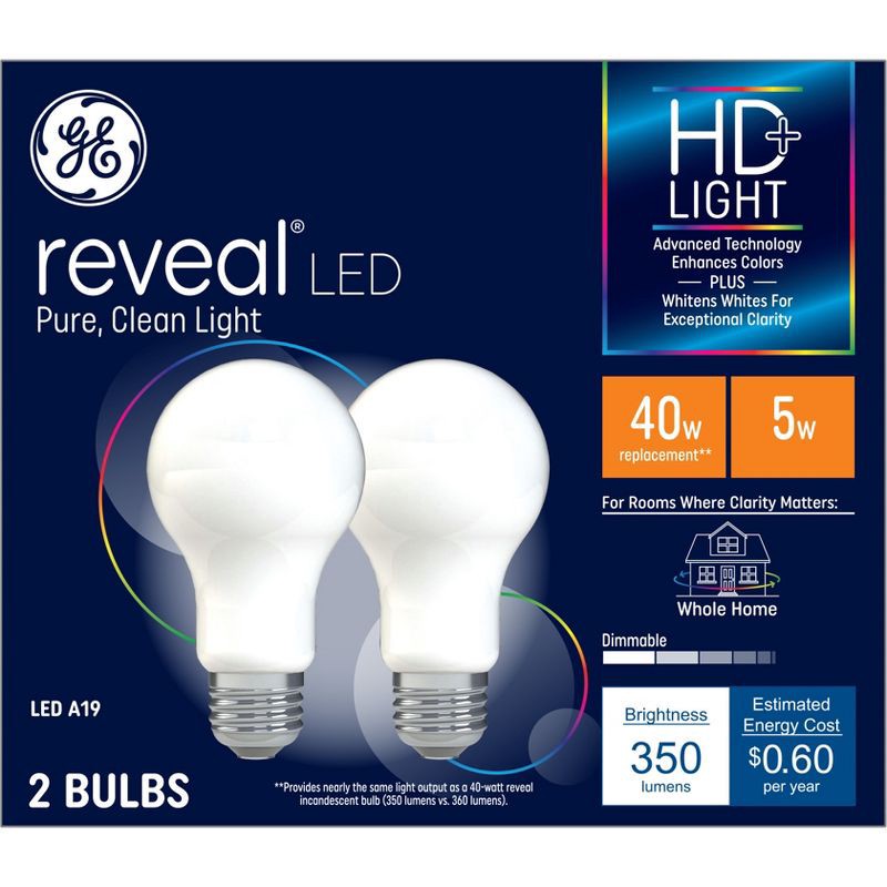 slide 1 of 7, GE Household Lighting GE 2pk 40W Reveal A19 LED Light Bulbs: Dimmable White Light, 40 Watt Equivalent, 350 Lumens, 13.7-Year Life, E26 Base, 2 ct