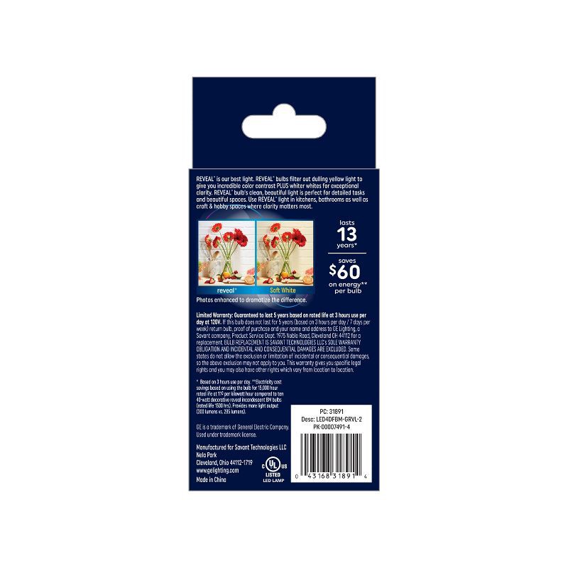 slide 3 of 7, GE Household Lighting GE 2pk 40W Reveal HD+ LED BM Decorative Light Bulbs, 2 ct