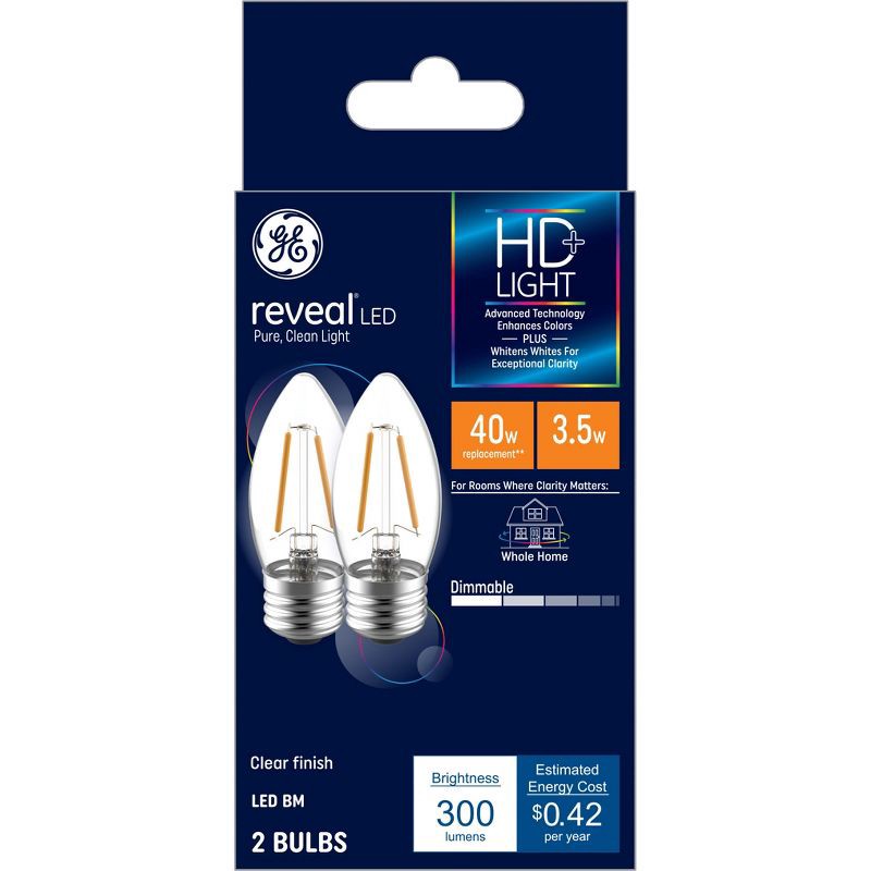 slide 1 of 7, GE Household Lighting GE 2pk 40W Reveal HD+ LED BM Decorative Light Bulbs, 2 ct