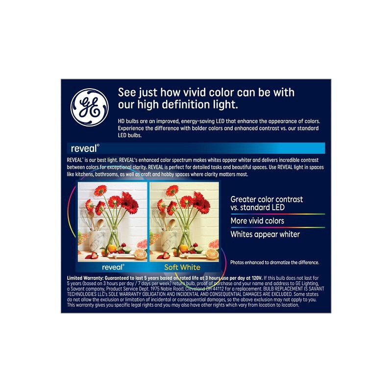 slide 3 of 7, GE Household Lighting GE 2pk 60W Reveal A19 LED Light Bulbs: 9W Equivalent, Dimmable, 610 Lumens, E26 Base, 2850K, 13.7-Year Life, Wet Location Safe, 2 ct
