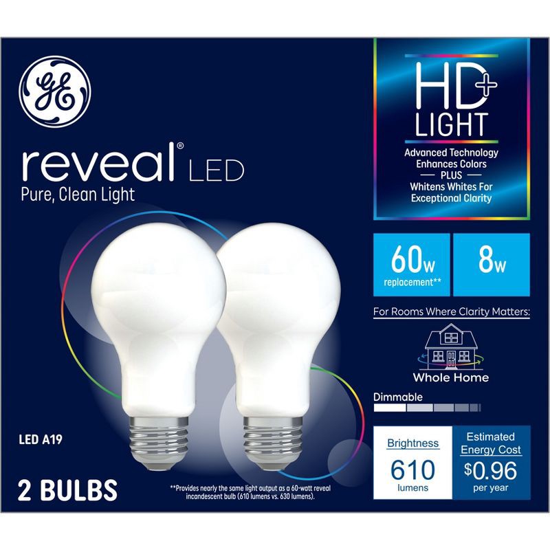 slide 1 of 7, GE Household Lighting GE 2pk 60W Reveal A19 LED Light Bulbs: 9W Equivalent, Dimmable, 610 Lumens, E26 Base, 2850K, 13.7-Year Life, Wet Location Safe, 2 ct