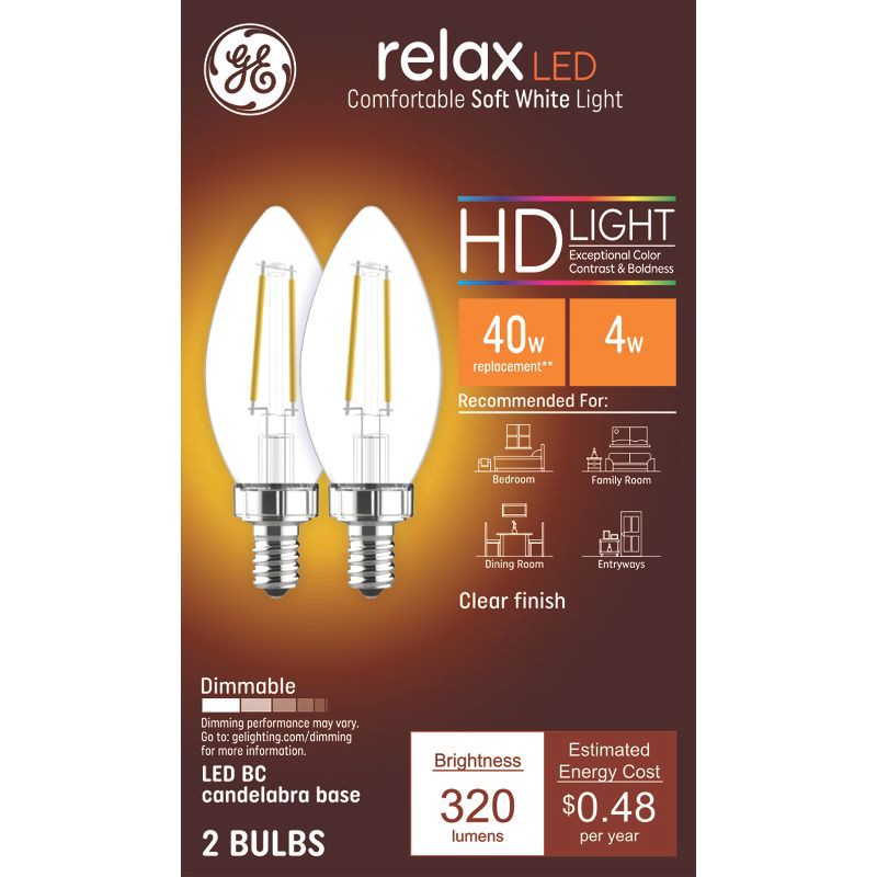slide 1 of 7, GE Household Lighting GE 2pk 40W Relax Clear LED Decorative Light Bulbs Soft White, 2 ct