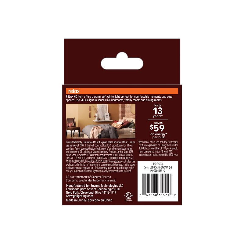 slide 3 of 5, GE Household Lighting GE 2pk 40W Relax A15 LED Ceiling Fan Frosted Light Bulbs Soft White, 2 ct