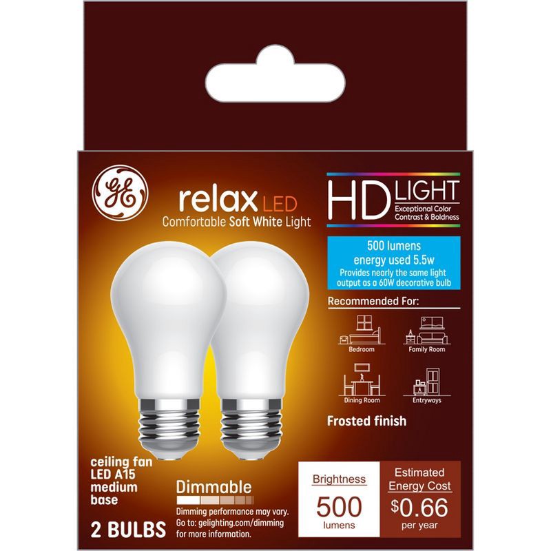 slide 1 of 8, GE Household Lighting GE 2pk 60W Relax A15 LED Ceiling Fan Frosted Soft White, 2 ct