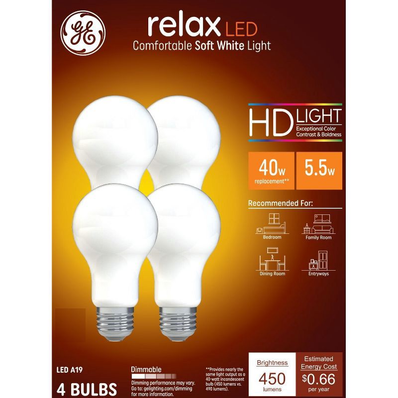 slide 1 of 8, GE Household Lighting GE 4pk 40W Relax A19 LED HD Light Bulbs Soft White, 4 ct