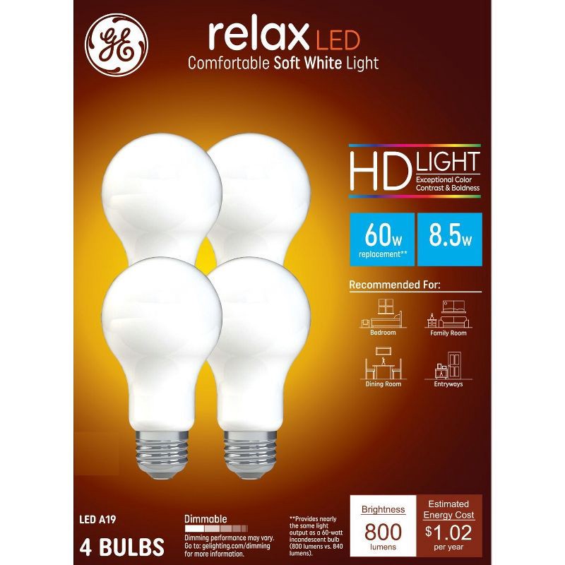 slide 1 of 7, GE Household Lighting GE 4pk 60W Relax A19 LED HD Light Bulbs Soft White, 4 ct