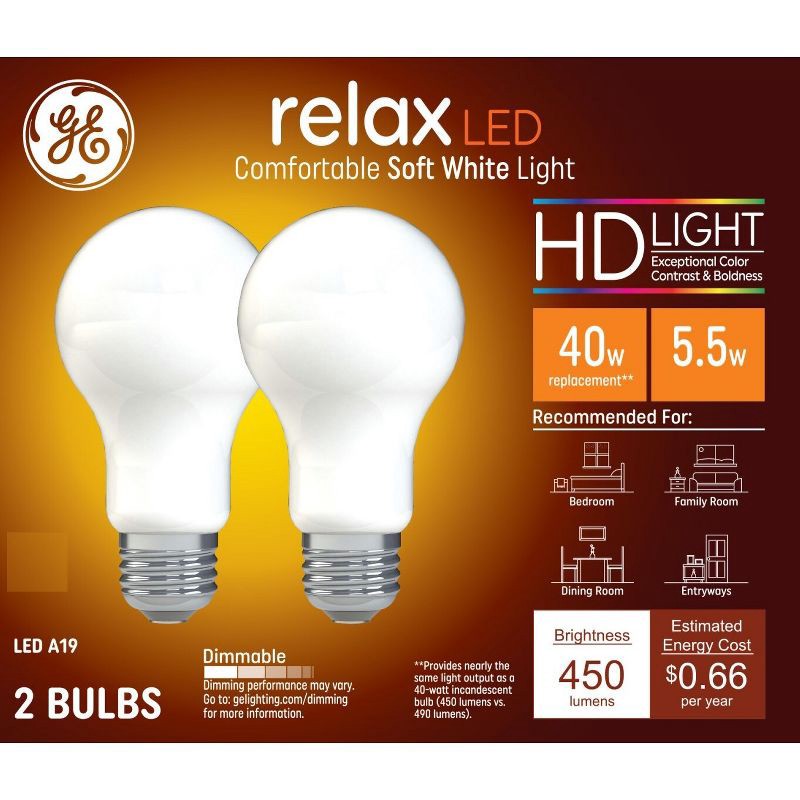 slide 1 of 6, GE Household Lighting GE 2pk 40W Relax A19 LED HD Light Bulbs Soft White, 2 ct