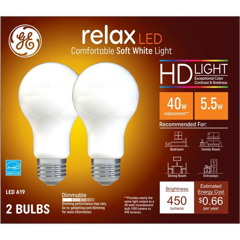 slide 1 of 4, GE Household Lighting GE 2pk 40W Relax A19 LED Light Bulbs Soft White, 2 ct