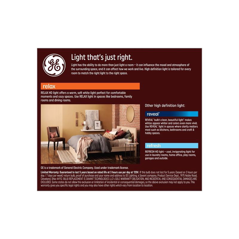 slide 3 of 8, GE Household Lighting GE 2pk 60W Relax A19 LED Light Bulbs Soft White: Dimmable E26 Base, 800 Lumens, Energy Star Certified, 13.7-Year Life, 2 ct