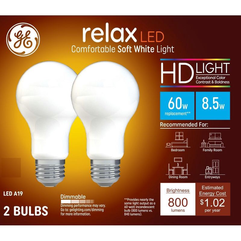 slide 1 of 8, GE Household Lighting GE 2pk 60W Relax A19 LED Light Bulbs Soft White: Dimmable E26 Base, 800 Lumens, Energy Star Certified, 13.7-Year Life, 2 ct