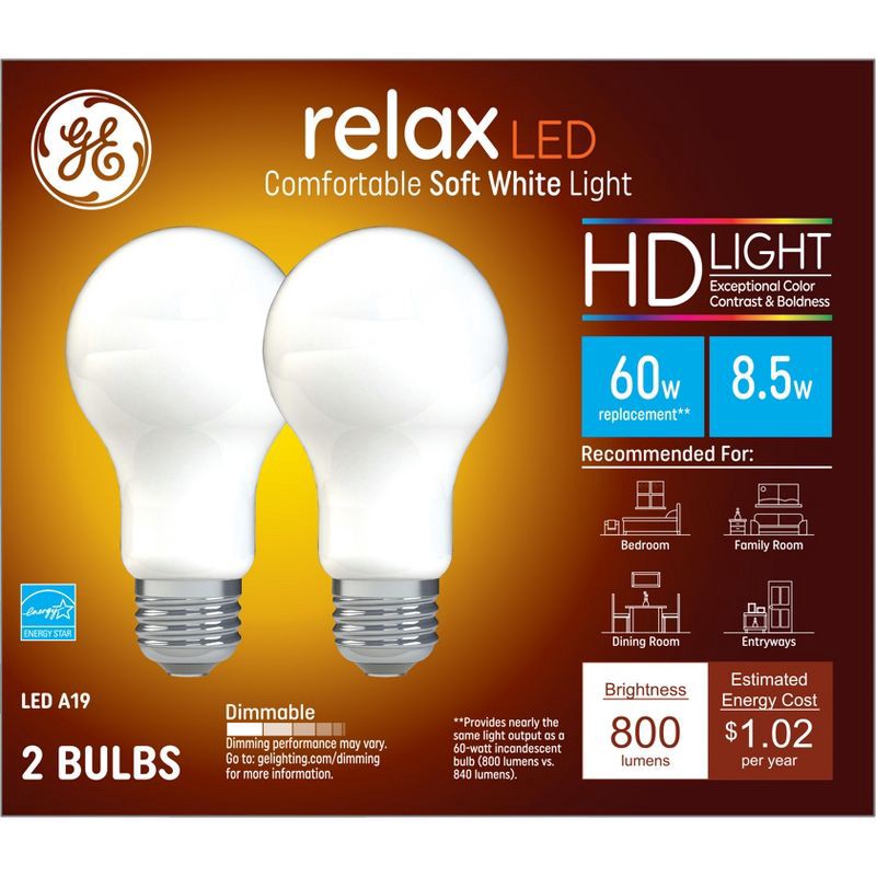 slide 1 of 8, GE Household Lighting GE 2pk 60W Relax A19 LED Light Bulbs Soft White, 2 ct