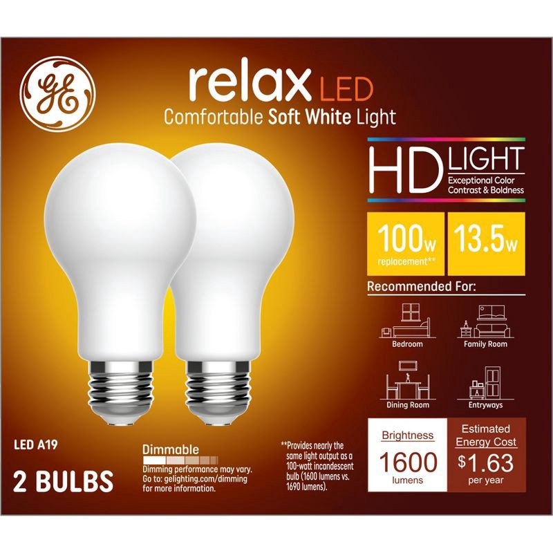 slide 1 of 8, GE Household Lighting GE 2pk 100W Relax A19 LED HD Light Bulbs Soft White, 2 ct