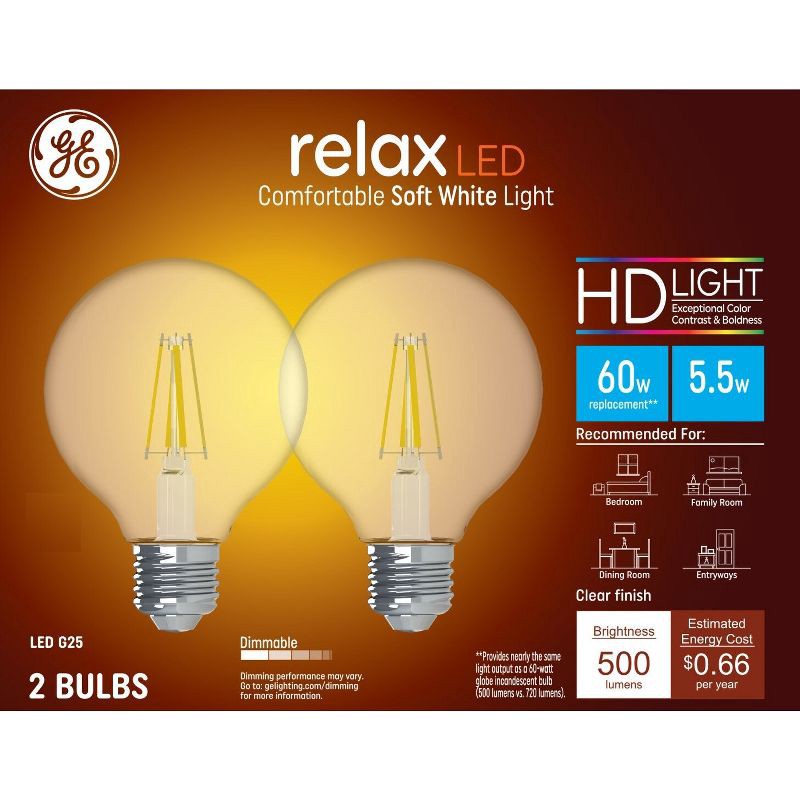 slide 1 of 7, GE Household Lighting GE 2pk 60W RelaxG25 LED Globe Light Bulbs Soft White, 2 ct