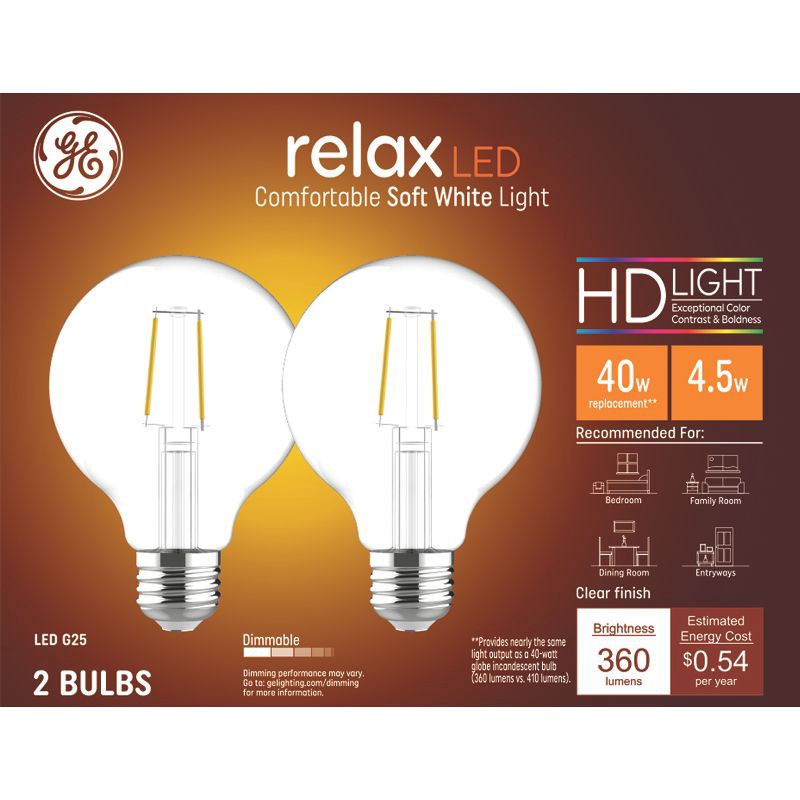 slide 1 of 7, GE Household Lighting GE 2pk 40W Relax G25 LED Globe Light Bulbs Soft White: Dimmable, Energy Star, 13.7-Year Life, 360 Lumens, E26 Base, 2 ct