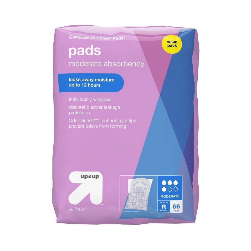 slide 1 of 3, Incontinence Pads - Moderate Absorbency - Regular - 66ct - up&up™, 66 ct