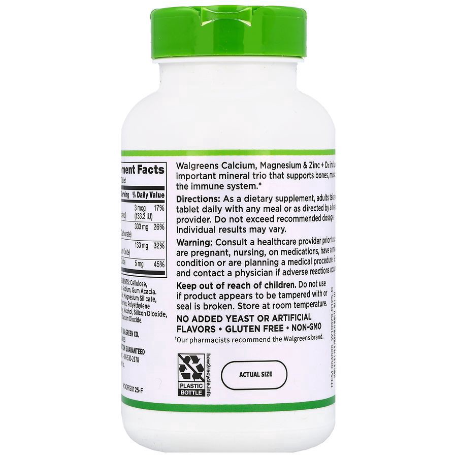 slide 4 of 5, Walgreens Calcium, Magnesium & Zinc + D Tablets, 250 ct
