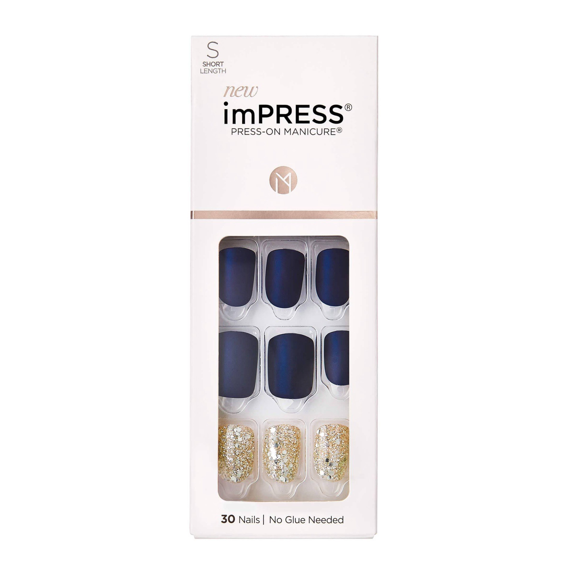 slide 1 of 9, imPRESS KISS imPRESS Long-Lasting Short Square Press-On Nails, Matte Blue Glitter, 30 Pieces, 28 ct