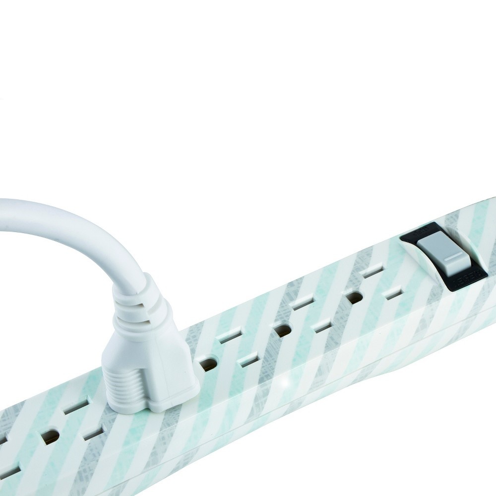 slide 2 of 6, Jasco GE General Purpose 6-Outlet Power Strip with 4ft Extension Cord, Striped Design, White, Gray and Mint, 4 ft
