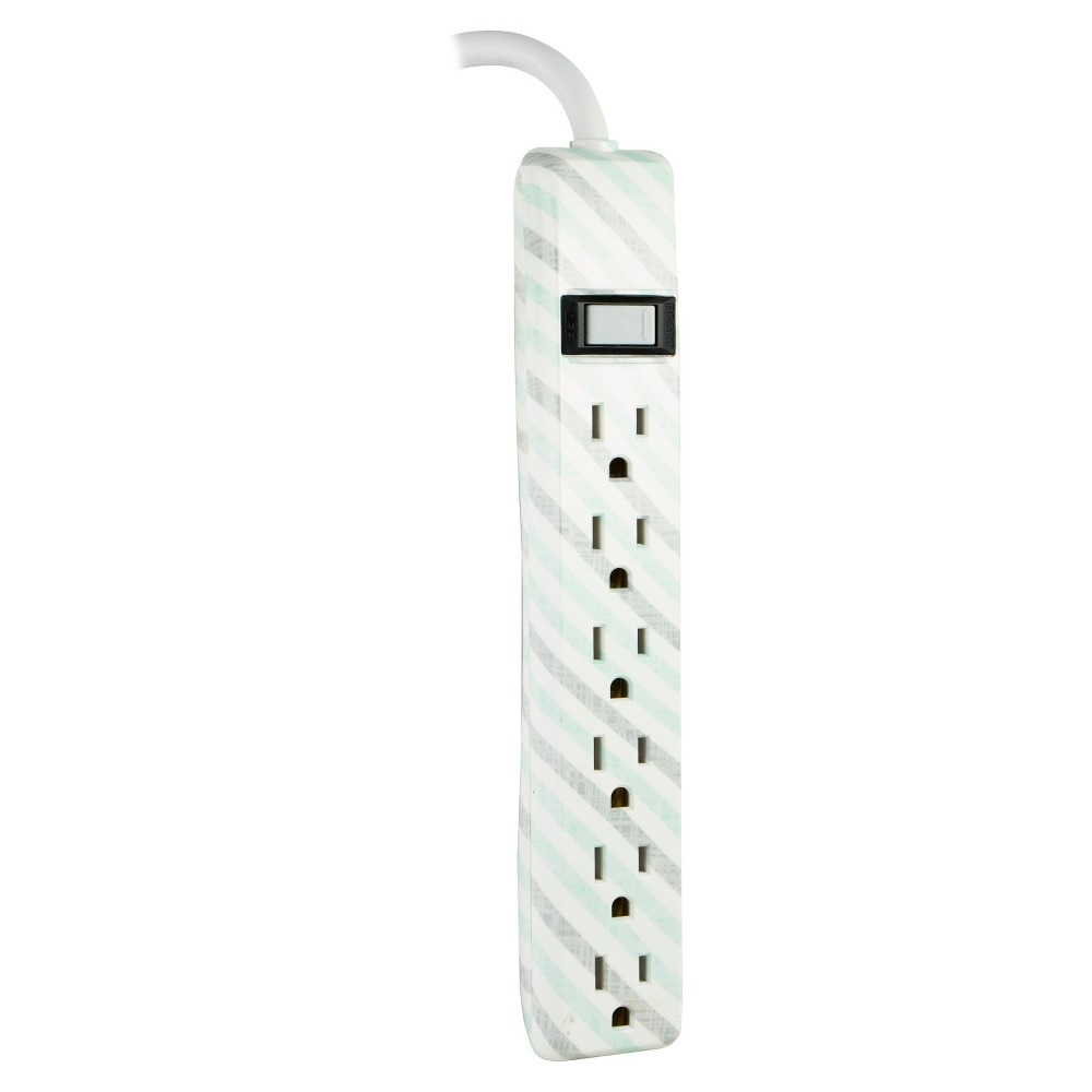 slide 4 of 6, Jasco GE General Purpose 6-Outlet Power Strip with 4ft Extension Cord, Striped Design, White, Gray and Mint, 4 ft