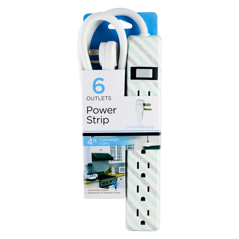 slide 5 of 6, Jasco GE General Purpose 6-Outlet Power Strip with 4ft Extension Cord, Striped Design, White, Gray and Mint, 4 ft