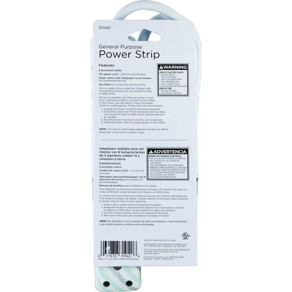 slide 6 of 6, Jasco GE General Purpose 6-Outlet Power Strip with 4ft Extension Cord, Striped Design, White, Gray and Mint, 4 ft